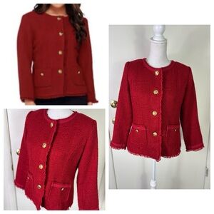 Joan Rivers Y2K women Sz 6 Red tweed wool blend Blazer Gold Buttons pockets lace